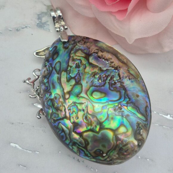 Large 3" Statement Pendant Abalone Shell Oval 3D Silver Tone Floral Setting MINT - Picture 3 of 5